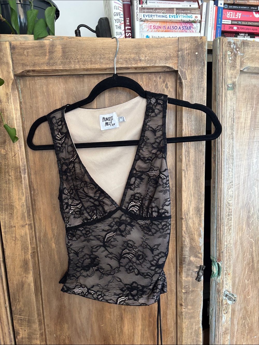 Princess Polly Black Lace V-Neck Tank with Nude Lining